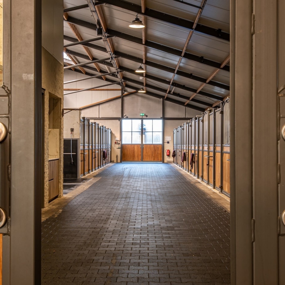 Lege stalgang met paardenboxen in de nieuwe stal